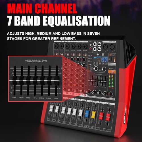 Yamnweo TF600 6-Channel Professional Mixer with Bluetooth Sound Bar with Power Amplifier 2 * 450W Power Output Powered Mixer, 7-Stage Equalizer, 99 DSP Effects, Recording Input USB Drive for Speakers - Image 4
