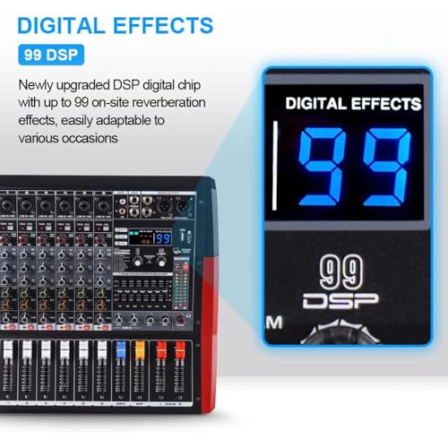 Yamnweo TF600 6-Channel Professional Mixer with Bluetooth Sound Bar with Power Amplifier 2 * 450W Power Output Powered Mixer, 7-Stage Equalizer, 99 DSP Effects, Recording Input USB Drive for Speakers - Image 3