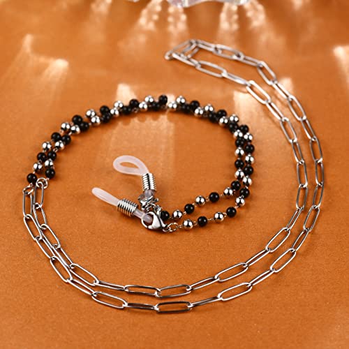 AllenCOCO Silver Fashion trend high head-turning stainless steel black bead paper clip Eyewear Chain - Image 3