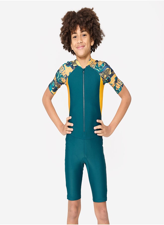 NABAIJI NABAIJI by DECATHLON, Boys' Short Sleeve Shorty Swimsuit 100 Stretchable & Durable Duck Blue Orange  - Image 1