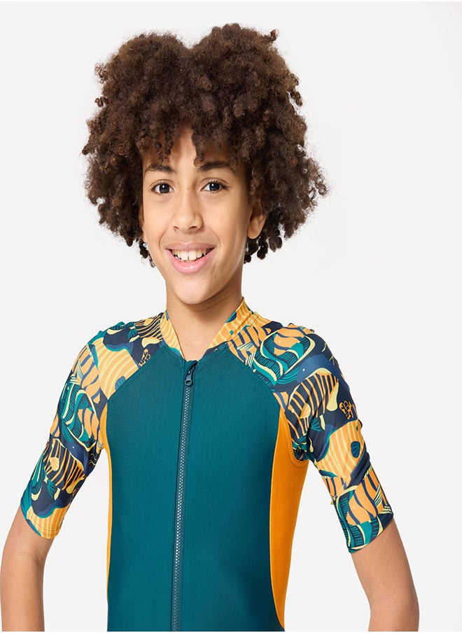 NABAIJI NABAIJI by DECATHLON, Boys' Short Sleeve Shorty Swimsuit 100 Stretchable & Durable Duck Blue Orange  - Image 4