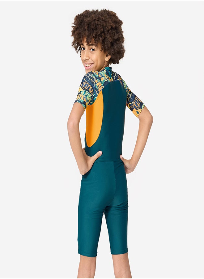 NABAIJI NABAIJI by DECATHLON, Boys' Short Sleeve Shorty Swimsuit 100 Stretchable & Durable Duck Blue Orange  - Image 3