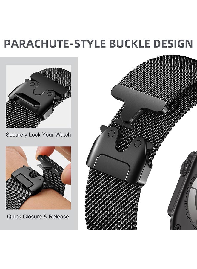 O Ozone Milanese Mesh Loop Band Compatible with Apple Watch 49/46/45/44/42mm ,Designer Parachute-Style Metal Buckle Adjustable Strap for Men Women -Black  - Image 3