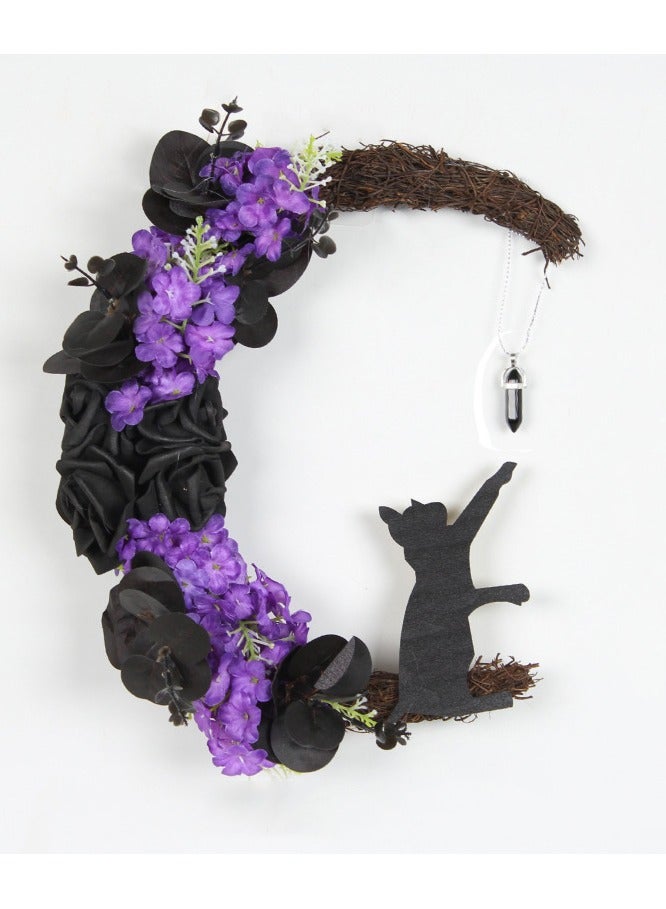 NIBEMINENT Halloween Wreaths for Front Door Halloween Moon Wreath with Black Cat Grapevine Wreath Halloween Cat Door Wreath Horror Decorations for Home Party Window Wall Indoor Outdoor - Image 1