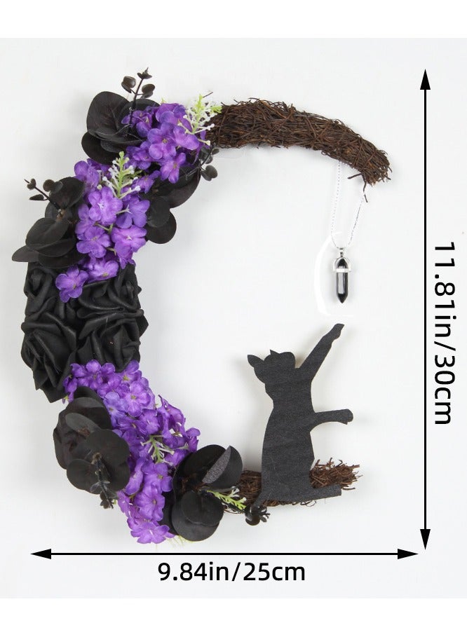 NIBEMINENT Halloween Wreaths for Front Door Halloween Moon Wreath with Black Cat Grapevine Wreath Halloween Cat Door Wreath Horror Decorations for Home Party Window Wall Indoor Outdoor - Image 3