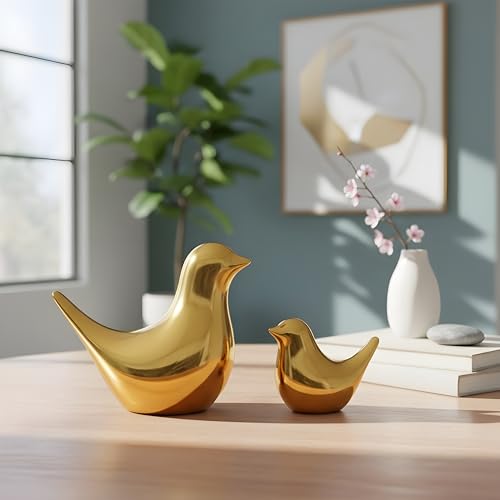 Xtore Ceramic Golden Blessing Birds Figurine for Home Decor | Living Room, Bedroom, Office Desk, Cabinets - (Pack of 2, Golden) - Image 1
