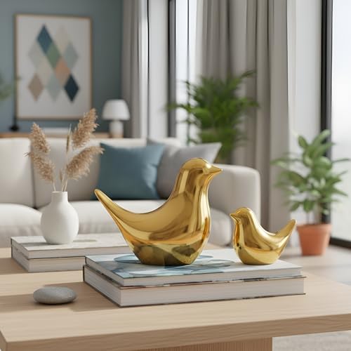 Xtore Ceramic Golden Blessing Birds Figurine for Home Decor | Living Room, Bedroom, Office Desk, Cabinets - (Pack of 2, Golden) - Image 3