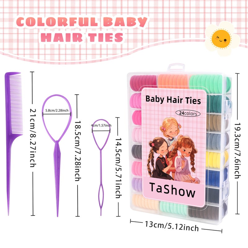 TaShow 360 Pcs Baby Hair Ties, 24 Colors Cotton Toddler Hair Ties with Organizer Box, 1 Inch Seamless Baby Hair Bands for Toddler Girls, Soft Elastic Ponytail Holders with 5 Hair Loop Styling Tools - Image 2