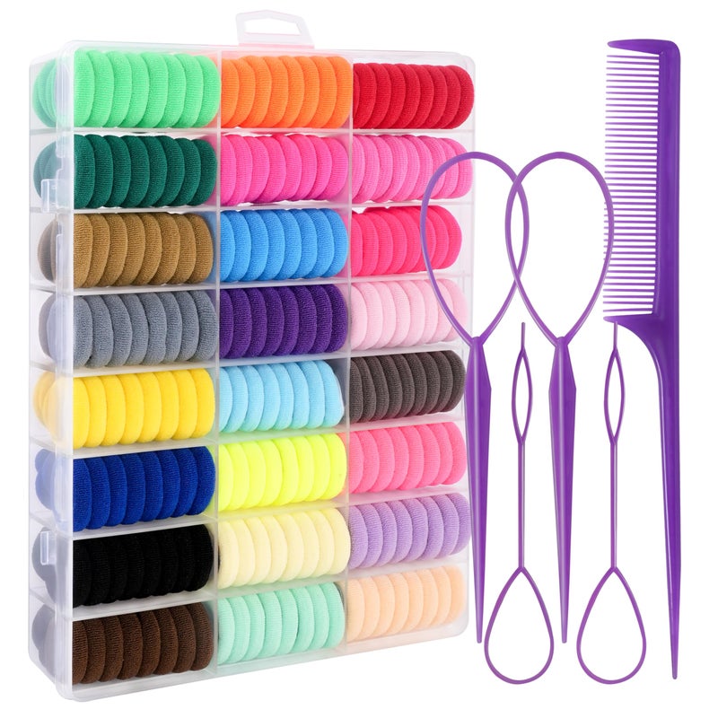 TaShow 360 Pcs Baby Hair Ties, 24 Colors Cotton Toddler Hair Ties with Organizer Box, 1 Inch Seamless Baby Hair Bands for Toddler Girls, Soft Elastic Ponytail Holders with 5 Hair Loop Styling Tools - Image 1