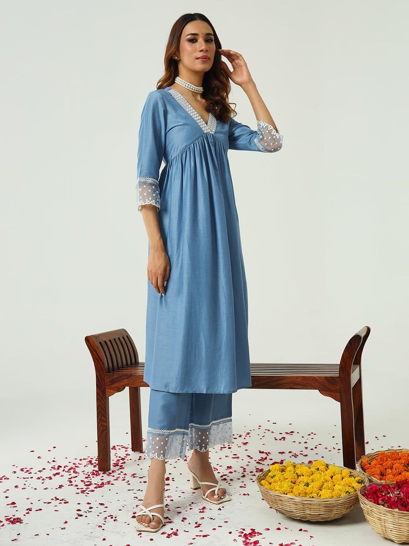 FIORRA Women's Silk Blend Embroidered Nayra Cut Kurta Palazzo With Dupatta Set - Image 2