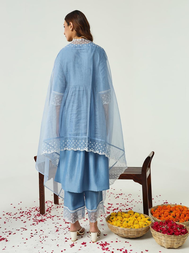 FIORRA Women's Silk Blend Embroidered Nayra Cut Kurta Palazzo With Dupatta Set - Image 3