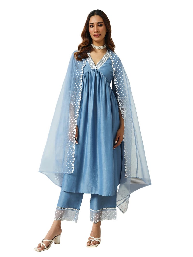 FIORRA Women's Silk Blend Embroidered Nayra Cut Kurta Palazzo With Dupatta Set - Image 1