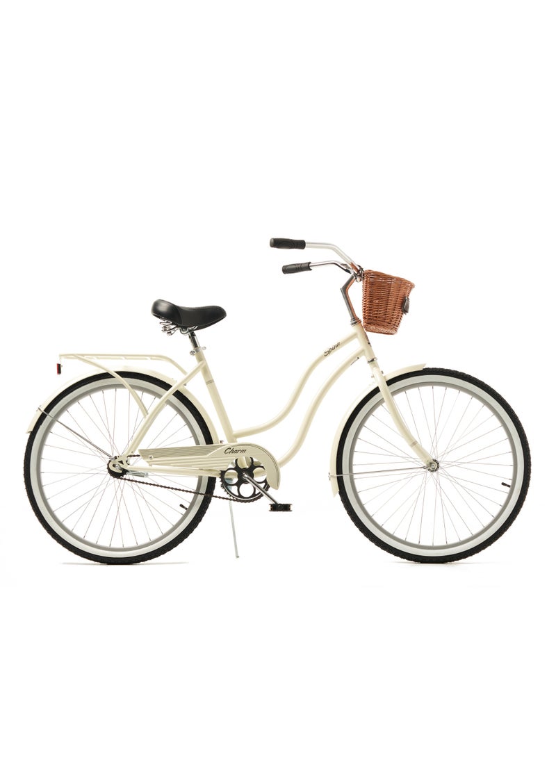 SPINN Charm 1 Women's City Bike | 26" Step-Thru Single Speed | Pearl White | Woven Basket & Rear Rack Included | Ladies Bicycle UAE - Image 1