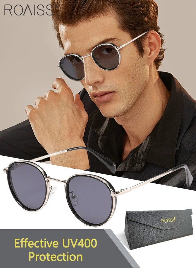 رويس نظارات شمسية مستديرة للرجال والنساء، نظارات شمسية واقية من الأشعة فوق البنفسجية 400 مع إطار معدني، نظارات شمسية عصرية مضادة للوهج للرجال للقيادة والصيد والسفر، أسود فضي، 52 ملم - Image 1