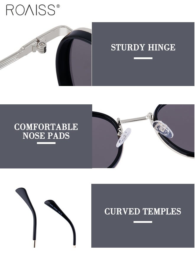 رويس نظارات شمسية مستديرة للرجال والنساء، نظارات شمسية واقية من الأشعة فوق البنفسجية 400 مع إطار معدني، نظارات شمسية عصرية مضادة للوهج للرجال للقيادة والصيد والسفر، أسود فضي، 52 ملم - Image 5
