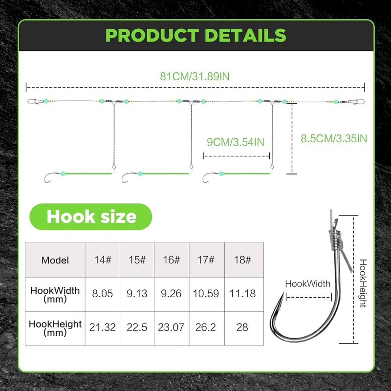 EWEIS 5 Pcs 3 in 1 String Fishing Hook Set with Anti-Tangle Steel Leader Line and Luminous Beads - Image 1