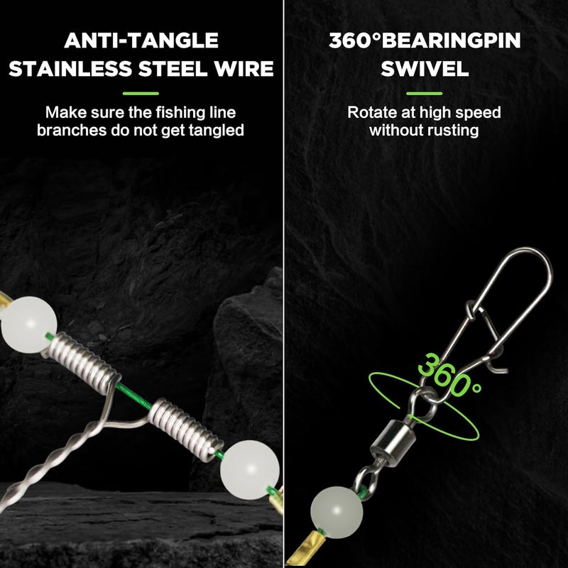 EWEIS 5 Pcs 3 in 1 String Fishing Hook Set with Anti-Tangle Steel Leader Line and Luminous Beads - Image 3