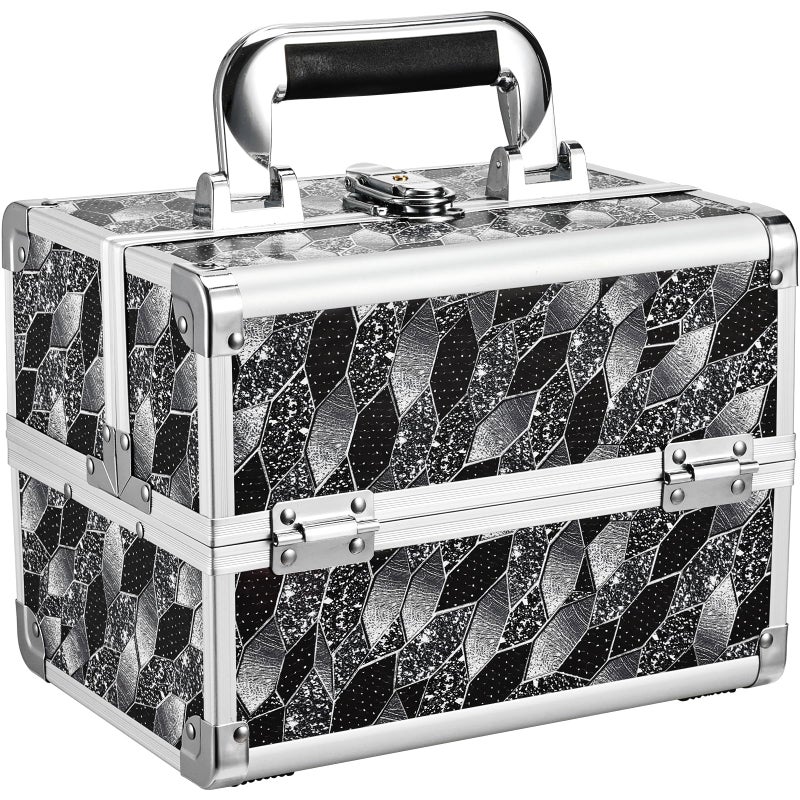 Joligrace Makeup Case Organizer Makeup Box Portable Cosmetic Train Case Hard Vanity Storage with 2 Trays Mirror Locking Make Up Travel Case for Cosmetics Nail Kits Travelling Organizer Modern Style - Image 1