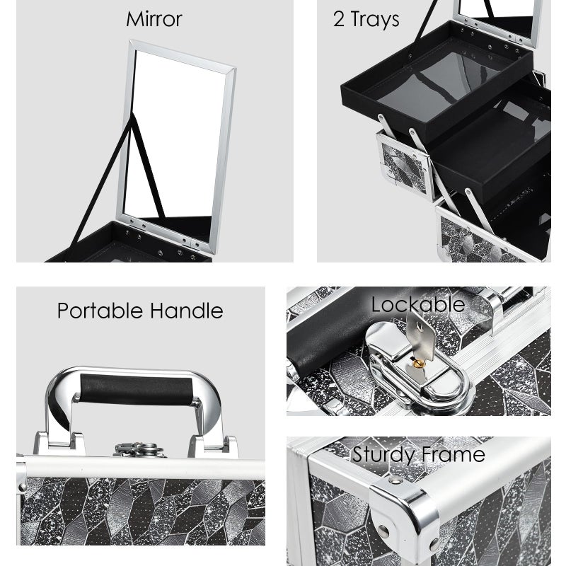 Joligrace Makeup Case Organizer Makeup Box Portable Cosmetic Train Case Hard Vanity Storage with 2 Trays Mirror Locking Make Up Travel Case for Cosmetics Nail Kits Travelling Organizer Modern Style - Image 5