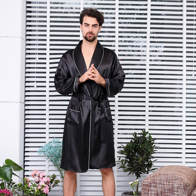 Mens Silk Kimono Robe Lightweight Long Sleeve Sleepwear Black string  - Image 1