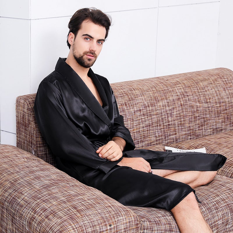 Mens Silk Kimono Robe Lightweight Long Sleeve Sleepwear Black string  - Image 4
