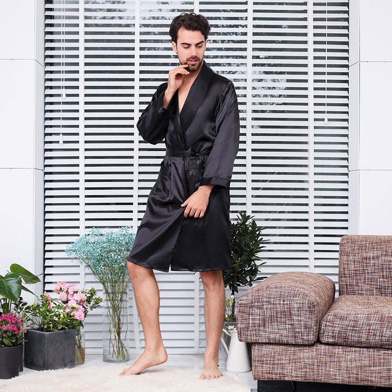 Mens Silk Kimono Robe Lightweight Long Sleeve Sleepwear Black string  - Image 5