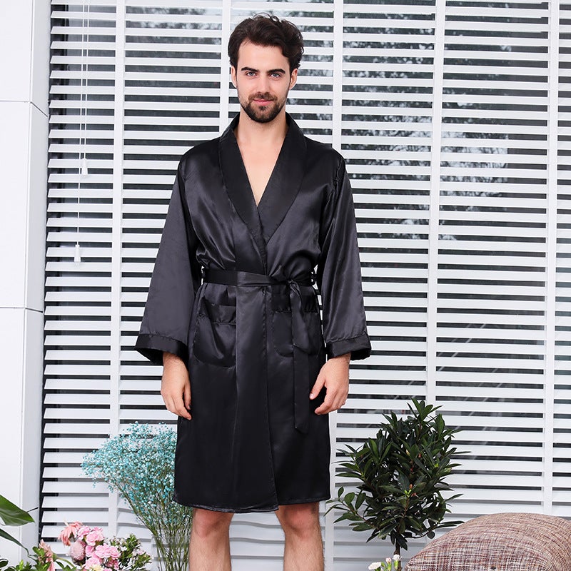 Mens Silk Kimono Robe Lightweight Long Sleeve Sleepwear Black string  - Image 3