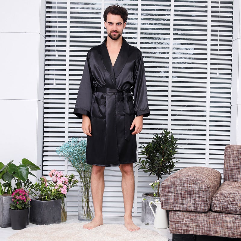 Mens Silk Kimono Robe Lightweight Long Sleeve Sleepwear Black string  - Image 2