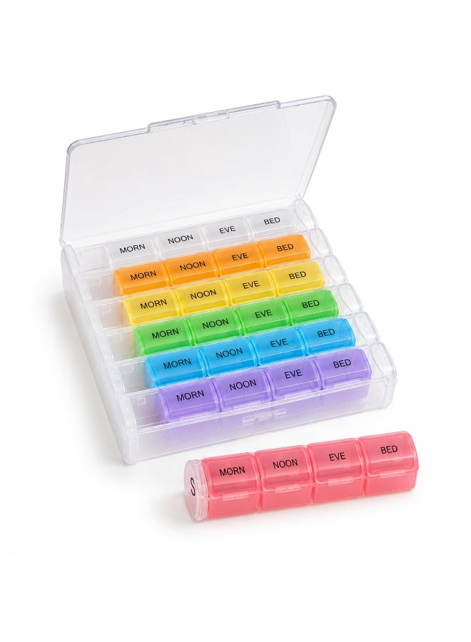 7-Day Weekly Pill Organizer 4 Times a Day - Removable Daily Pill Box Compartments (Morn, Noon, Eve, Bed) for Medications and Vitamins - Rainbow Multicolor - Image 1