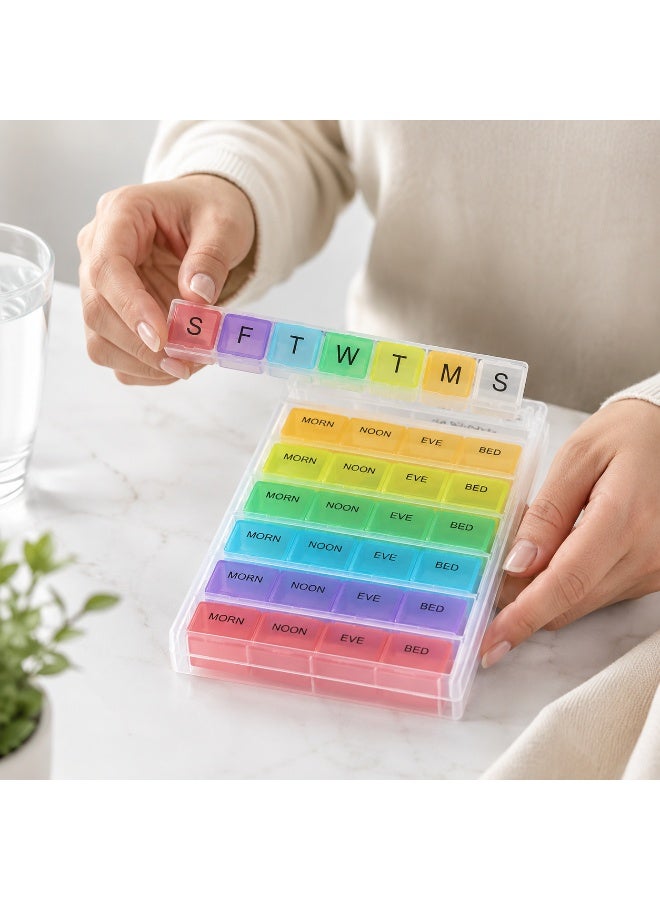 7-Day Weekly Pill Organizer 4 Times a Day - Removable Daily Pill Box Compartments (Morn, Noon, Eve, Bed) for Medications and Vitamins - Rainbow Multicolor - Image 2