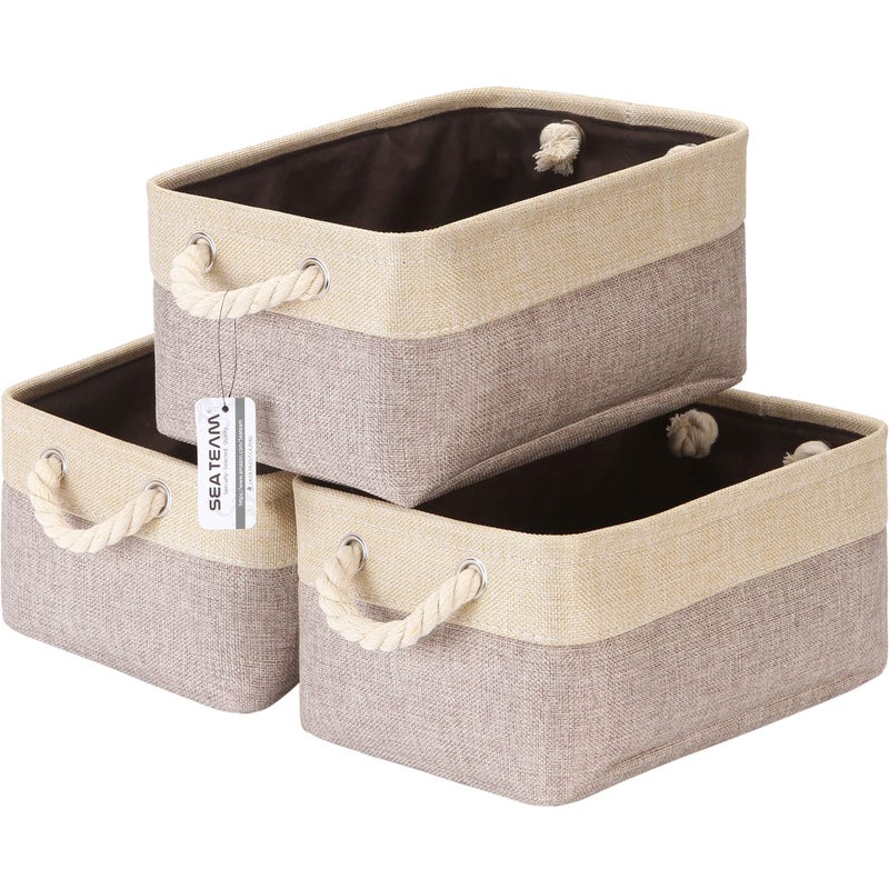 Sea Team 3-Pack Small Storage Basket Set, Storage Cube Organizer, Storage Bins, 12 x 8 x 5 Inches, Rectangle Canvas Fabric Collapsible Shelf Box with Handles for Kids Room (Tan/Beige) - Image 1
