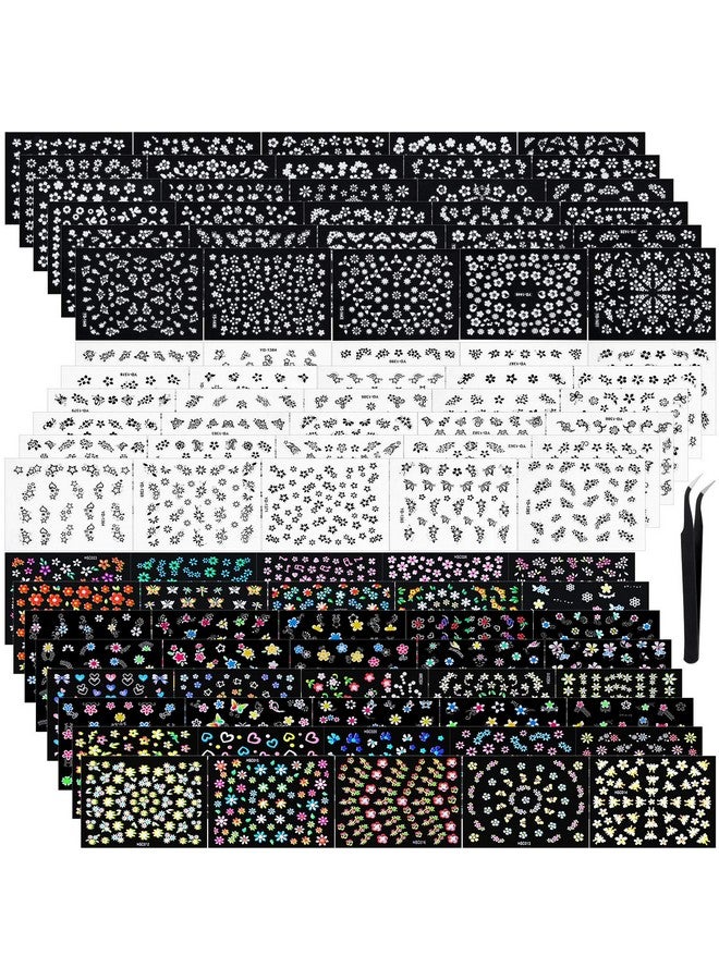 Blulu 5000 Pieces Flower Nail Stickers 100 Sheets 3D Self-Adhesive Nail Floral Stickers Multi-Design Flower Nail Decals Multicolor Flower Manicure Stickers with Tweezer (Classic-Chic Floral Series) - Image 1