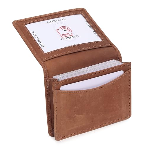 FOXHACKLE Leather Credit Card Holder For Men and Women, Small RFID Blocking Bifold Wallet (With ID Slot, Hunter Tan) - Image 1