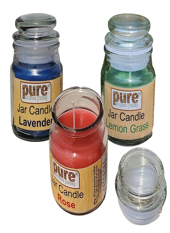 Pure Source India Wax Jar Candle, Pack of 3, Lavender;Lemon Grass;Rose, Multi Color, 6 x 8.9 cm - Image 1