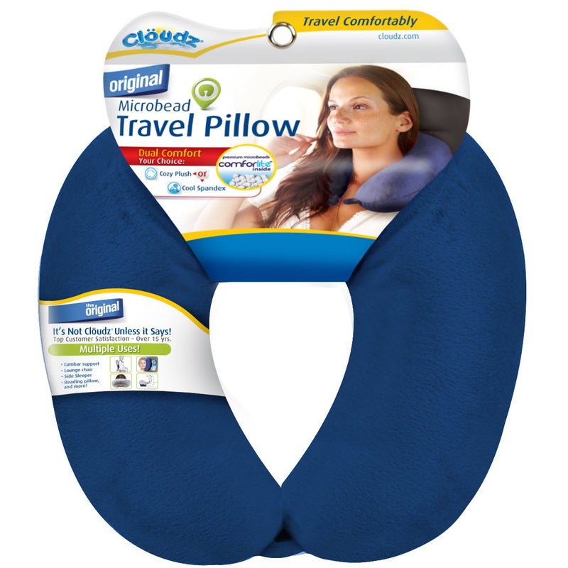 Cloudz Dual Comfort Microbead Airplane Travel Neck Pillow Super Soft Cozy Plush Fabric on One Side Cool Relaxing Spandex on The Other Customize Your Comfort and Support at Home or On The Go Blue