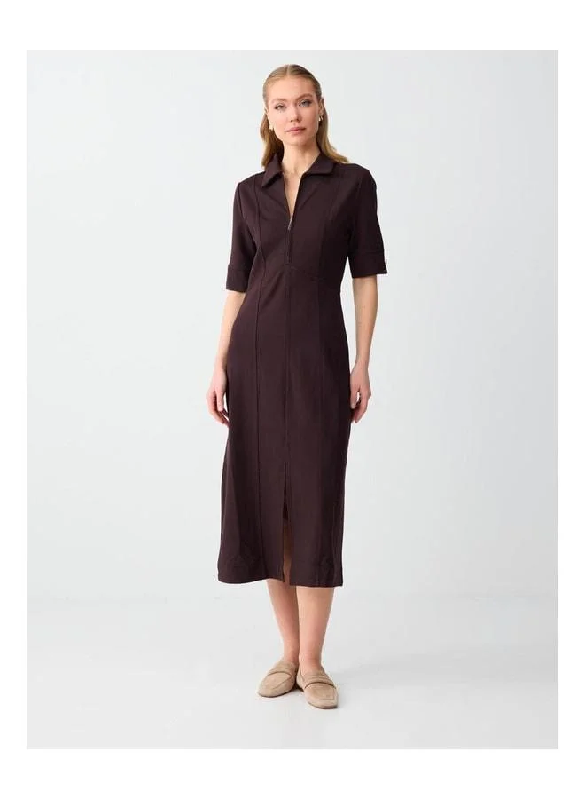 Jimmy Key Bitter Coffee Polo Collar Elbow Sleeve Knitted Midi Dress.