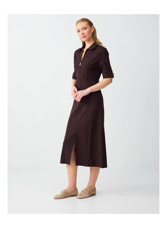 Jimmy Key Bitter Coffee Polo Collar Elbow Sleeve Knitted Midi Dress.