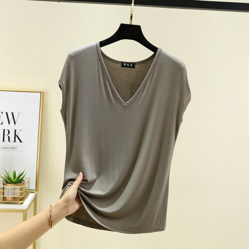 Modal V-Neck Sleeveless T-Shirt Women's Summer Thin Half-Sleeve Loose plus size All-Match Base Shirt Outer Wear T-Shirt Top - Image 1