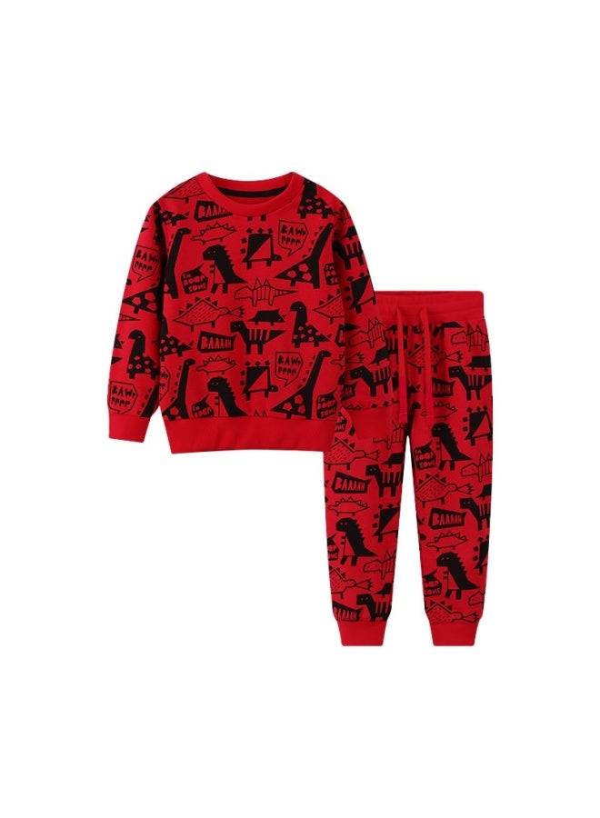 Little Bitty Autumn And Winter Children's Hoodie Set Cartoon European And American Style Dinosaur Full Print Long Sleeved Pants Two-piece Set - Image 1