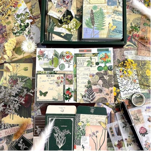 GDNK Paper Vintage Aesthetic Scrapebook Kit Butterfly Junk Journal Scrapbook Kit Vintage Scrapbooking Supplies Kit with Journaling Supplies A6 Grid Notebook Stationery Birthday Gift Craft Set (Green) - Image 2