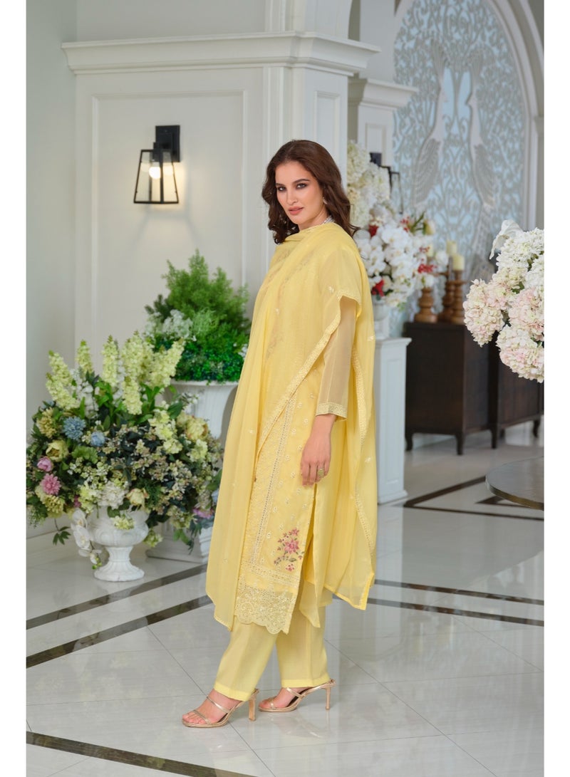 Ameya Yellow-embroidered-organza-straight-kurta-sets-with-dupatta - Image 1