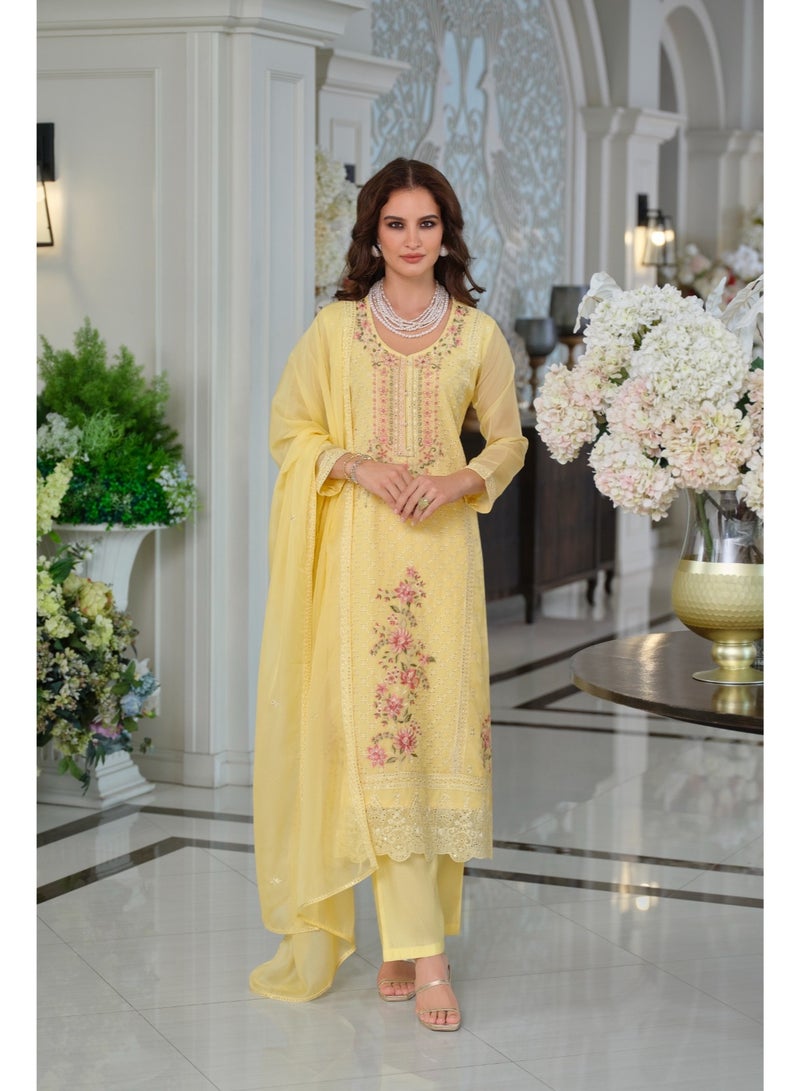 Ameya Yellow-embroidered-organza-straight-kurta-sets-with-dupatta - Image 3