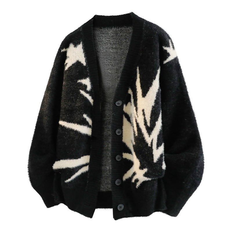 Oversize Dark Lightning Jacquard Knitted Cardigan, Lazy And Cool Large V Neck Versatile Street Style Sweater Jacket - Image 2