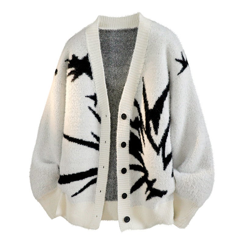 Oversize Dark Lightning Jacquard Knitted Cardigan, Lazy And Cool Large V Neck Versatile Street Style Sweater Jacket - Image 5