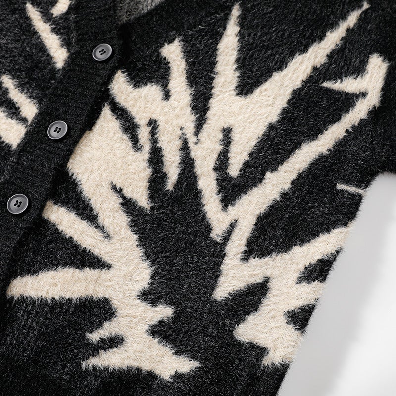 Oversize Dark Lightning Jacquard Knitted Cardigan, Lazy And Cool Large V Neck Versatile Street Style Sweater Jacket - Image 3