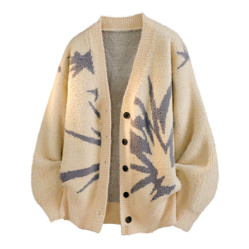 Oversize Dark Lightning Jacquard Knitted Cardigan, Lazy And Cool Large V Neck Versatile Street Style Sweater Jacket - Image 1