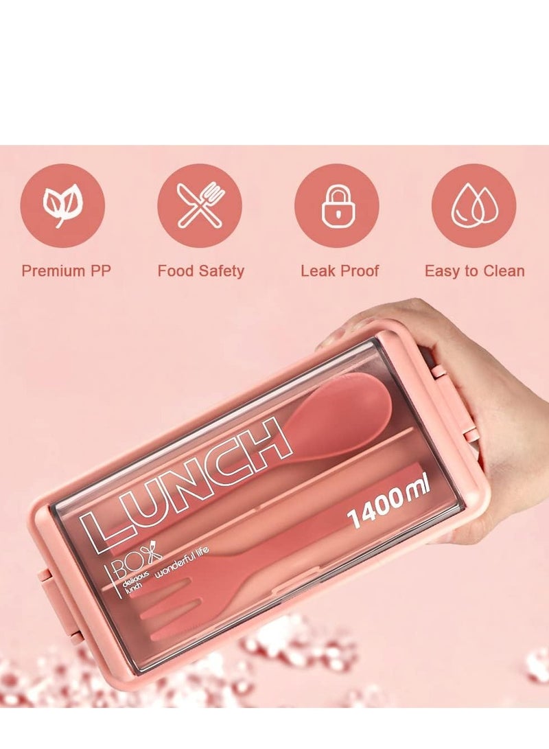 Bento Box Leakproof Lunch Box with 3 Compartments and Cutlery Set-Food Picks for Lunch Containers for Adults Children Microwave Food Safe Meal Boxes 1400ml  - Image 2