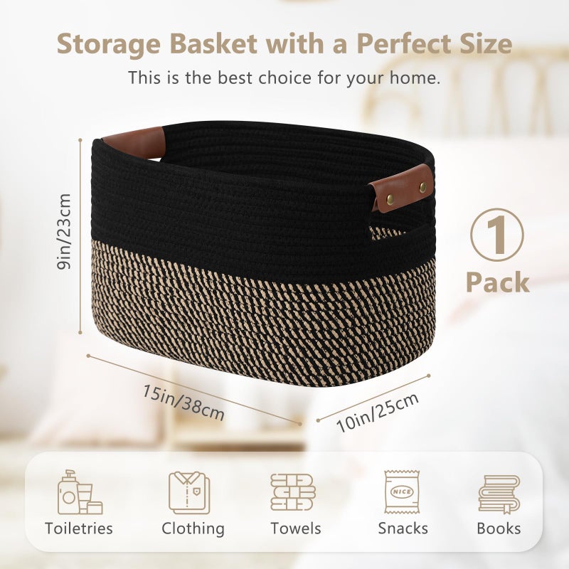 ECDYQXVU Cotton Rope Basket, Storage Baskets with Handle, 15x10x9 Inch Woven Basket for Shelves, Laundry, Towels, Clothes, Books, (Black Brown 1 Pack) - Image 3