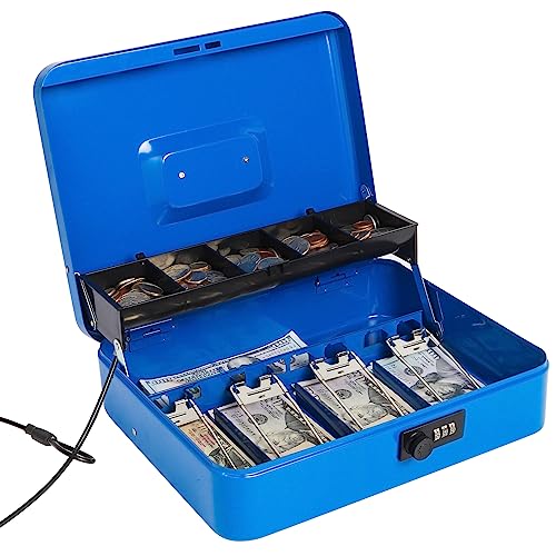 Jssmst Large Locking Cash Box with Money Tray, Metal Money Box with Combination Lock, Code Lock Box Blue Money Safe, SM-CB02305XL - Image 1