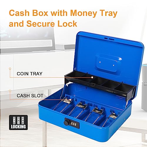 Jssmst Large Locking Cash Box with Money Tray, Metal Money Box with Combination Lock, Code Lock Box Blue Money Safe, SM-CB02305XL - Image 3